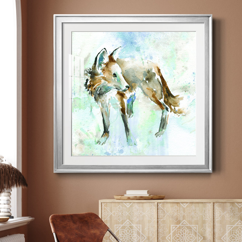 Renard sur fond bleu - peinture encadrée, H 30,5 po x l 30,5 po x P 1,5 po, Papier avec cadre argenté