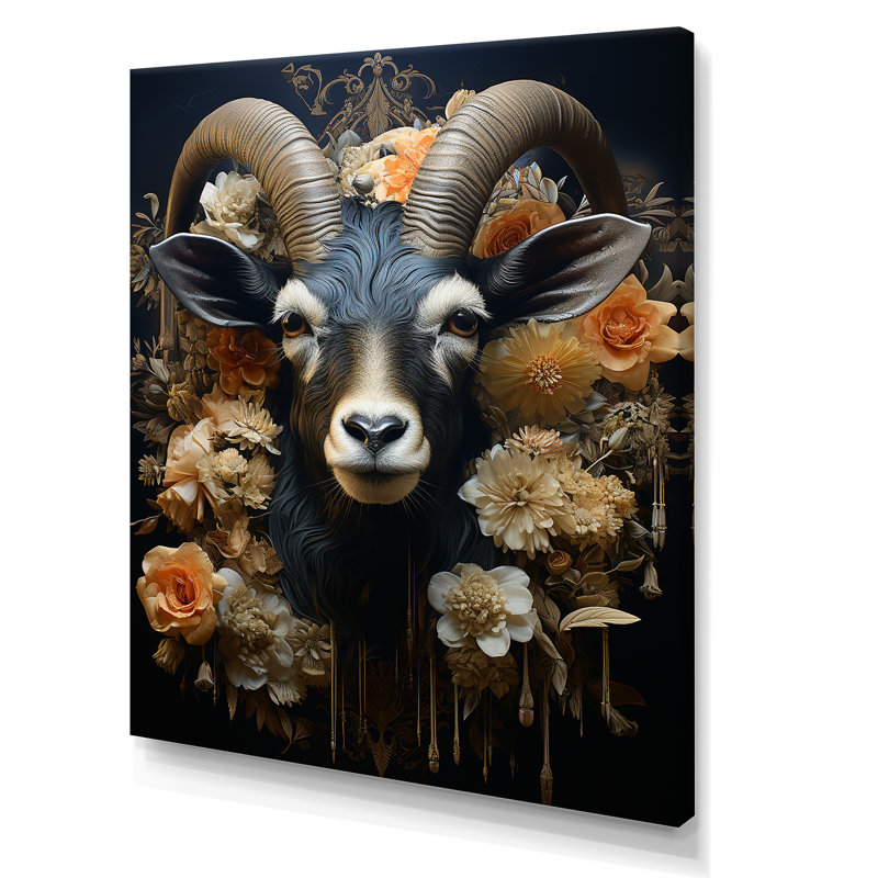 Chèvre noire, Illustration florale - Art mural animal de chèvre, Toile tendue, H 32 po x l 16 po x P 1 po