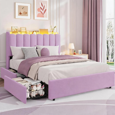 Cadre de lit double à DEL avec 2 tiroirs de rangement, lit plateforme tapissier pour enfants, mauve