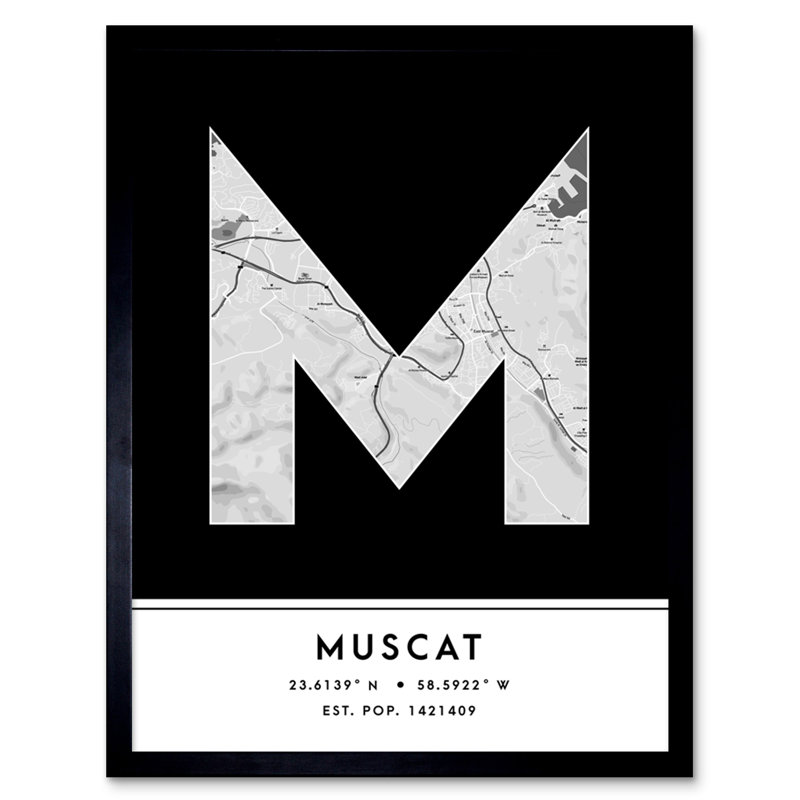 Muscat City Map Muscat Black & White 1 Piece Single Picture Frame Wall Art