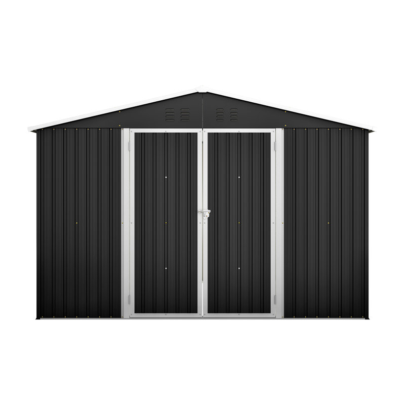 Remise de rangement extérieure en métal 10 x 10 pi, noire, structure robuste, portes doubles verrouillables, toutes saisons pour cour, pelouse et patio, outils spacieux, toit imperméable et incliné avec ventilation coulissante