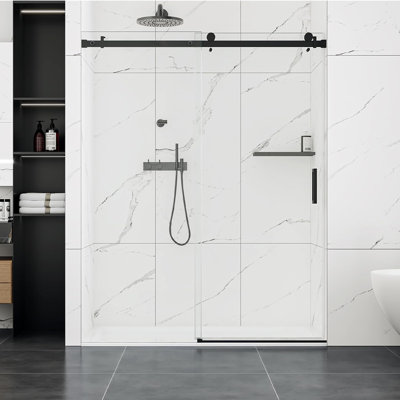 Porte de douche, porte de douche coulissante sans cadre l 56-60 po x H 76 po, porte de douche en verre imperméable avec poignée en acier inoxydable et bande d'étanchéité, verre trempé facile à nettoyer de 5/16 po (8 mm),