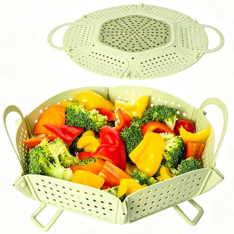 Large Collapsible Silicone Steamer Basket, Expandable for Pot,Non Slip Feet, Folding Silicone Vegetable Steamer Basket With Handles, BPA-Free, Compact Storage, Fits Various Pot 10"-12", Dishwasher Safe, (Green)