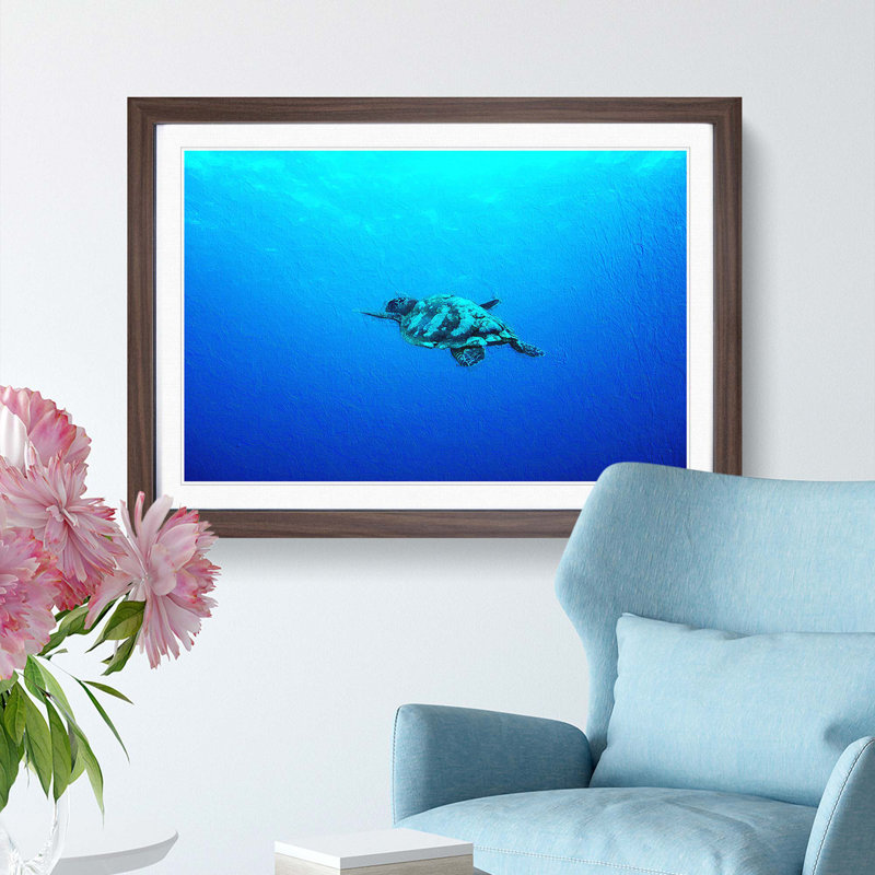 Swimming Turtle - Picture Frame Painting Print, 27cm H x 36cm W x 2cm D, Walnut Framed