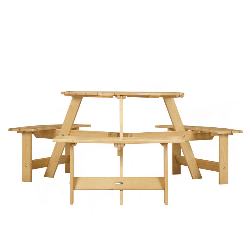 Outdoor 6 Person Picnic Table, 6 Person Round Picnic Table With 3 Built-In Benches, Umbrella Hole, Outside Table And Bench Set For Garden, Backyard, Porch, Patio