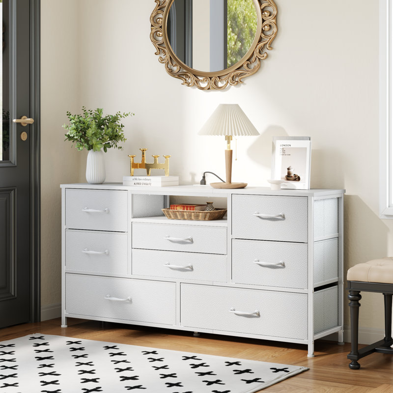 8-Drawer Fabric Dresser with Wood Top, Storage Chest, White
