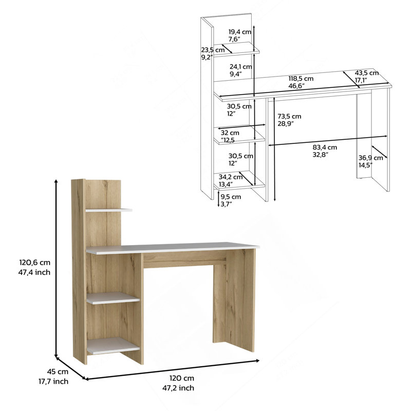 Bureau Wichita, quatre tablettes, finition chêne clair / blanc