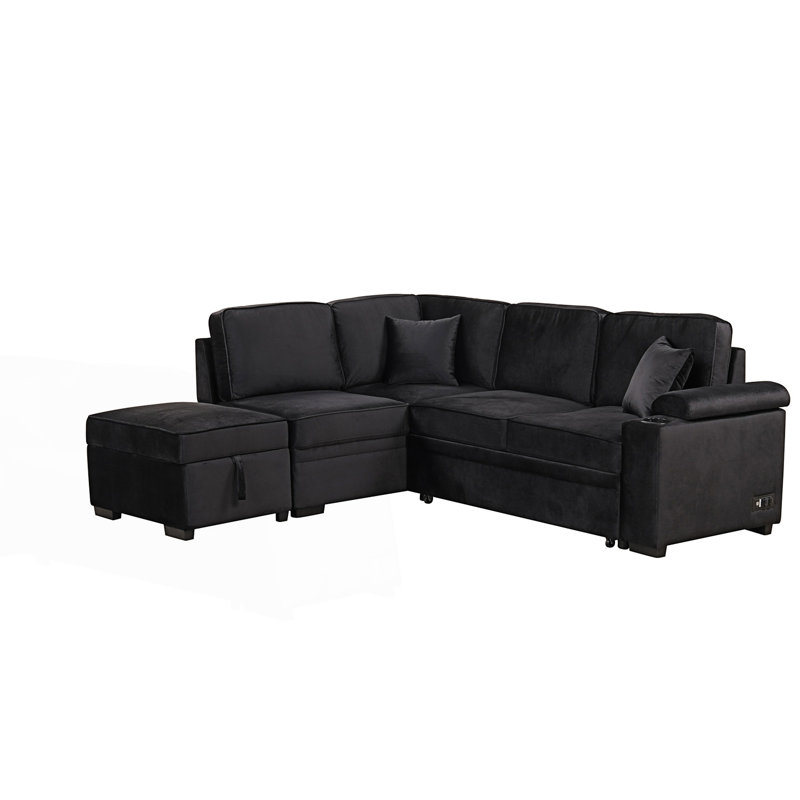 84.75" Sleeper Sofa With Storage Ottoman For Living Room, Black Velvet, Left Hand Facing