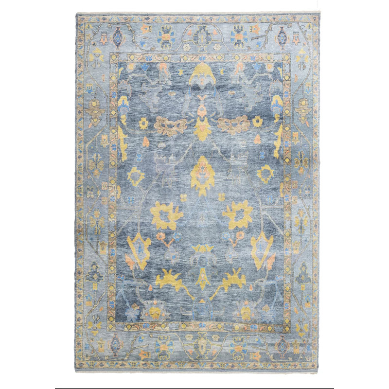 Tapis unique en laine rétro bleu 8 pi 4 po x 12 pi 2 po Oushak