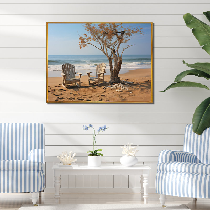 Ambur Beach Chairs Scenery II sur toile, Cadre flottant doré, H 12 po x l 20 po x P 1 po