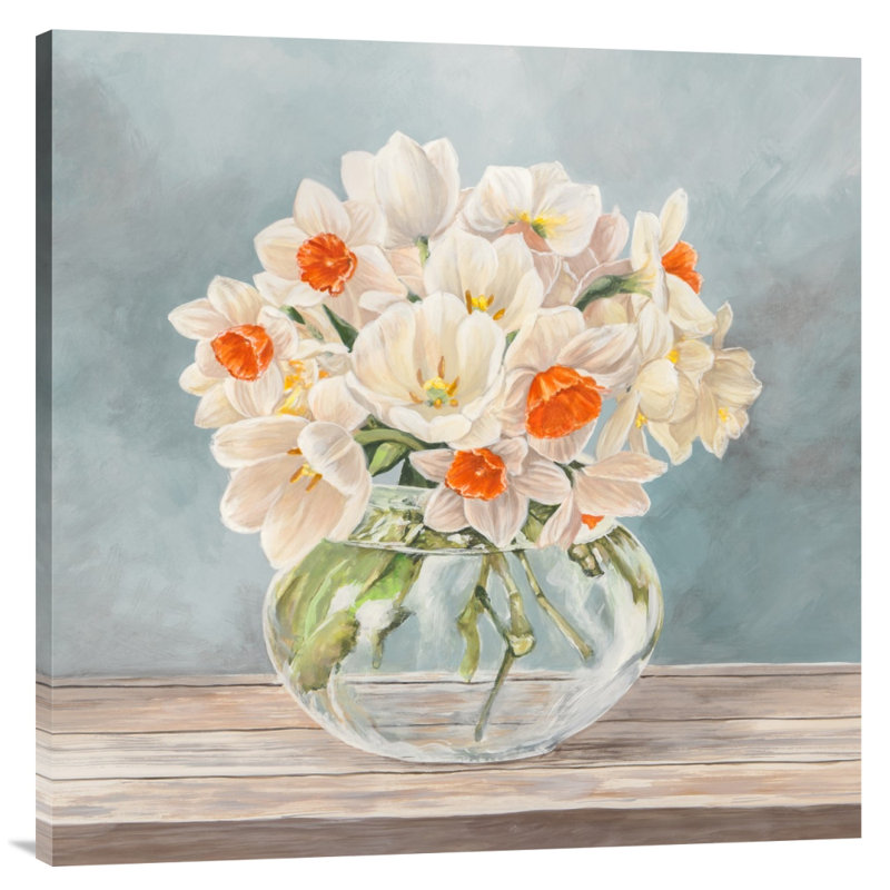 Fleurs et vases aigue-marine II - impression sur toile tendue, H 12 po x l 12 po x P 1,5 po, Sans cadre / toile, Aucun mat