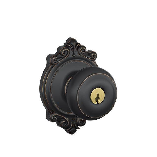 Georgian Knob with Brookshire Trim Keyed Entry Lock, Aged Bronze, Keyed Alike 