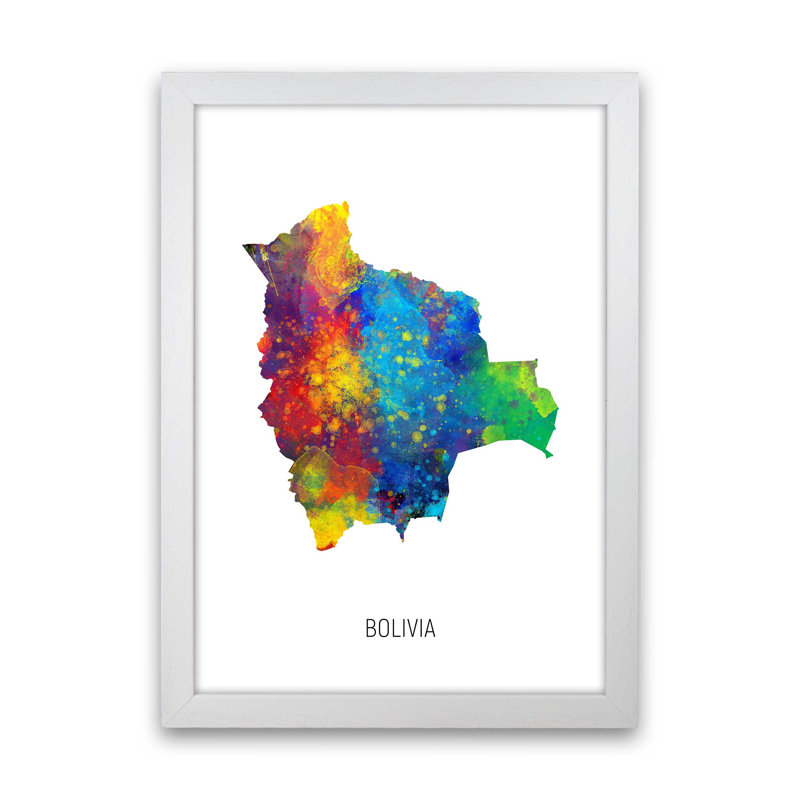 Bolivia Watercolour Map by Michael Tompsett - Print, White Framed, 46cm H x 34cm W x 3cm D