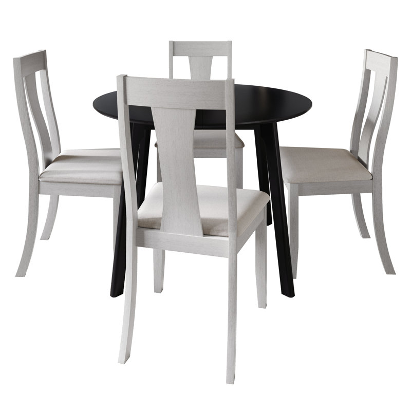 5-Piece Dining Set With Black Round Table And White Upholstered Center Splat Back Chairs, White
