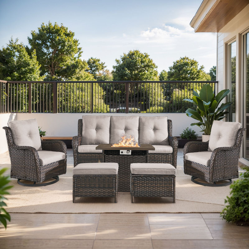 Wendye 6-Piece Outdoor Furniture Sofa Set With 2 Swivel Chairs, 2 Ottomans & 55K BTU Fire Pit Table, Brown, Beige