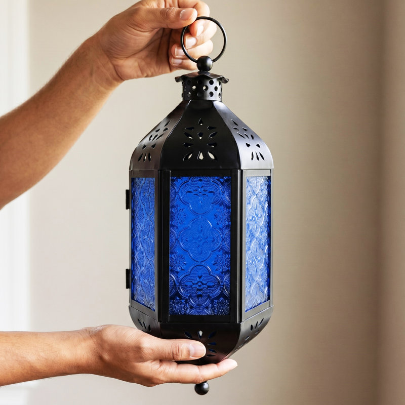 Hanging Moroccan Decorative Candle Lantern with Chain for Outdoor Patio or Porch (Set of 2), Cobalt, Large