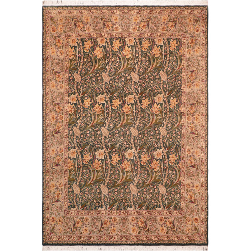 Tapis vert / beige en laine noué à la main de style oriental rectangulaire 8 pi 2 po x 10 pi 4 po Ozmar