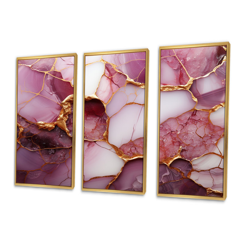 «Pink and Gold Marble River I», reproduction d'art murale abstraite, Cadre flottant doré, H 32 po x l 48 po x P 1 po