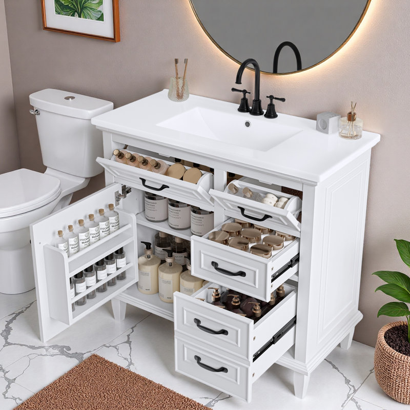 Meuble-lavabo de salle de bain avec lavabo en céramique, armoire, tiroirs, tablette réglable et poignées en alliage de zinc