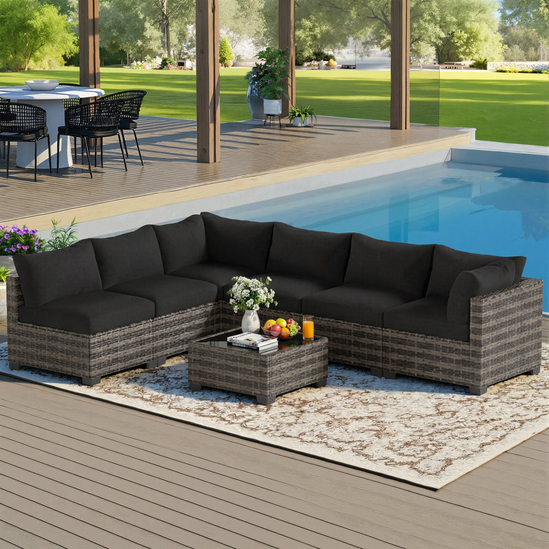 Outdoor 7-Piece Modular Rattan Patio Conversation Set with Cushions, Black, Beige Black
