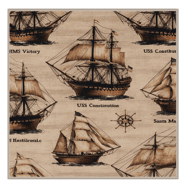 Washable Famous ships Nautical Area Rug, Square 8'