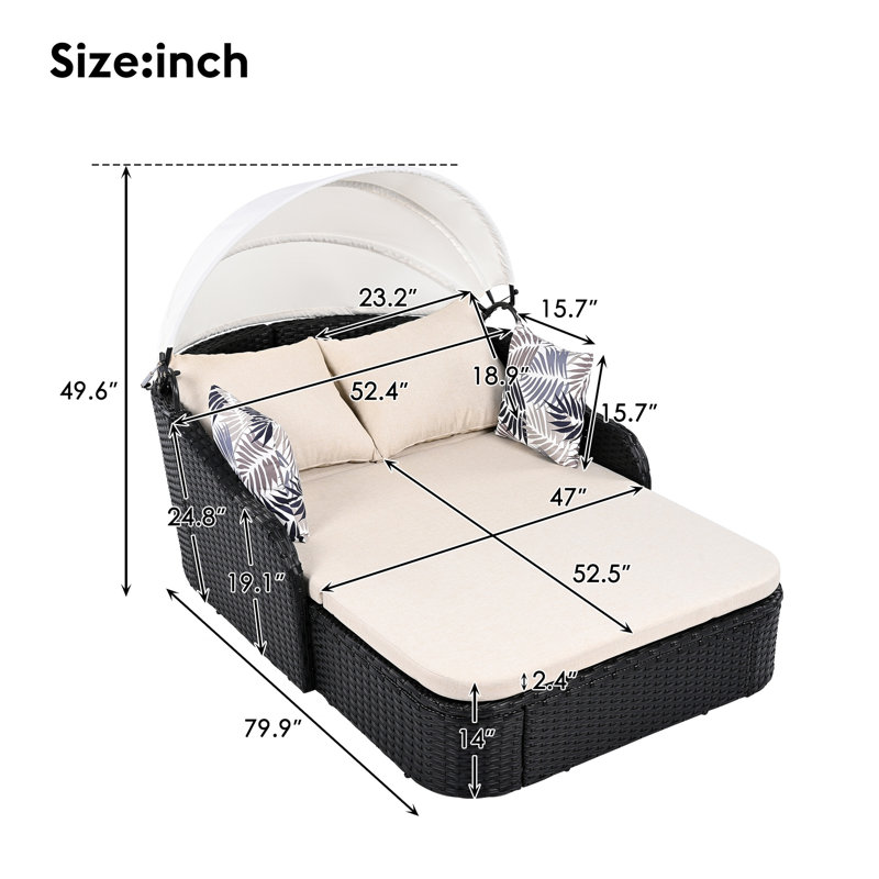79.9" Outdoor Sunbed With Adjustable Canopy, Double Lounge, PE Rattan Daybed, Black Wicker And Beige Cushion, Beige