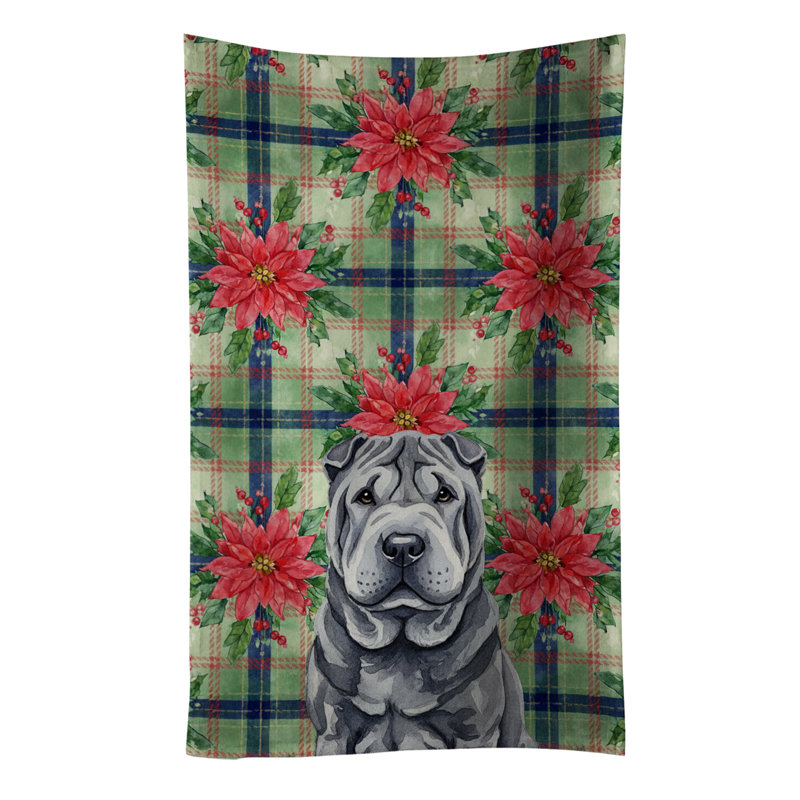 Black Shar Pei Christmas PoinsettIas Kitchen Towel, Black Shar Pei