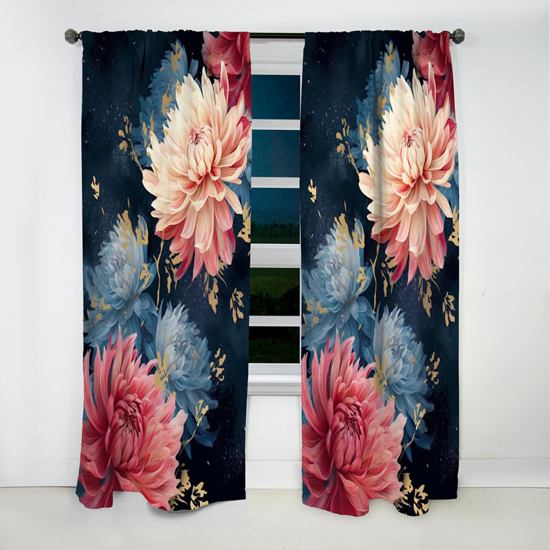 Rideau occultant floral rose et bleu Chrysanthemums Symphony - 1 panneau, L 52 po x L 84 po