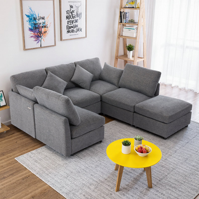 Modular Sofa Set with Ottoman & USB Ports U Shaped L Shaped 86.6 Inch Chenille Grey