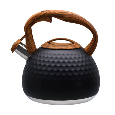 Tea Kettle For Stove Top, Loud Whistling Kettle For Boiling Water Coffee Or Milk, 3.1 Quart 3L Heavy Stainless Steel Black Kettle With Wood Pattern Ha