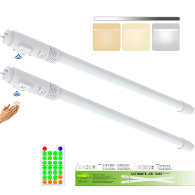 Éclairage pour tube Taps 2T à DEL T8, cellule photoélectrique et capteur de son activé, télécommande, à intensité variable, G13, IP4X, CCT, 120 V, 10 W, 100 ML / W, 1000 ML, remplacement de tube fluorescent à DEL 24 pouces, double extrémité, type B, 2 -Pack