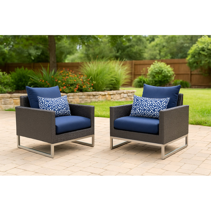 Fauteuil club d'extérieur 2 pièces Identik Sunbrella, Brun, Blanc / Bleu