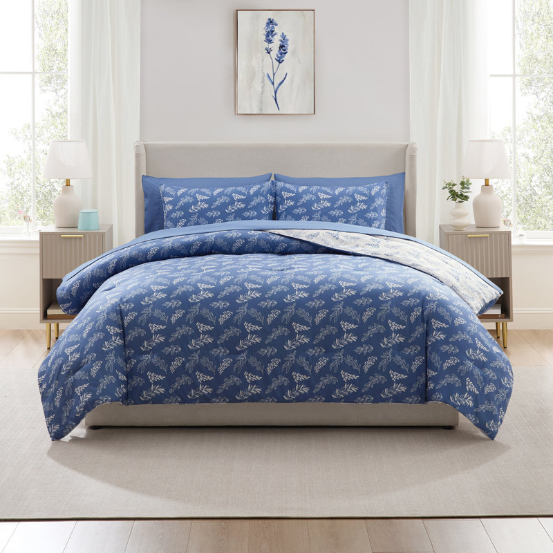 Nestl Botanical Bed in a Bag 7 piece Comforter Set with Sheets & Pillow Shams, Slate Blue/Cloud Stone