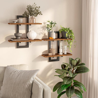 Floating Shelves, 15 Inch Wall Shelf Set of 2, Wall Mounted Storage Shelves 2-Tier, Hanging Bathroom Shelves, for Living Room, Bedroom, Bathroom, Kitchen, Rustic Brown and Black