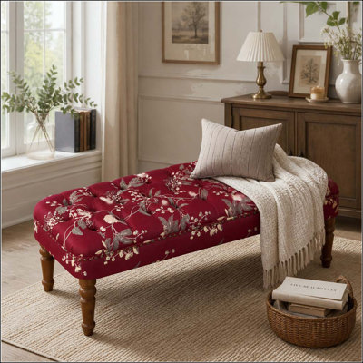 Banc touffeté à motif floral avec pieds tournés en bois
