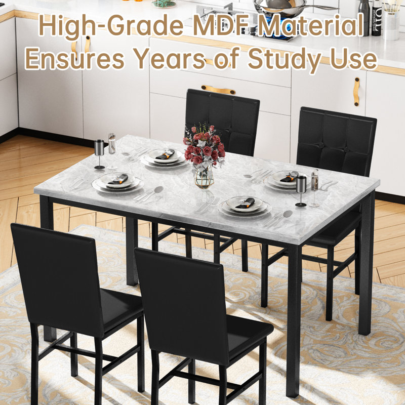 Modern Faux Marble Dining Table Set with Gray Velvet Chairs