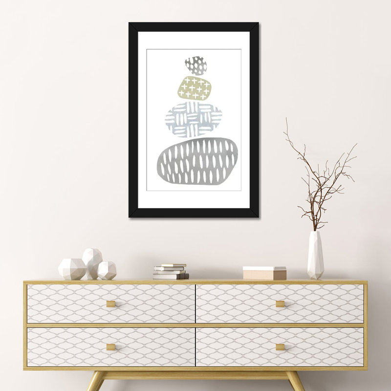 «River Stones I», reproduction sur toile tendue, H 24 po x l 16 po x P 1 po, Papier beaux-arts encadré noir, Blanc