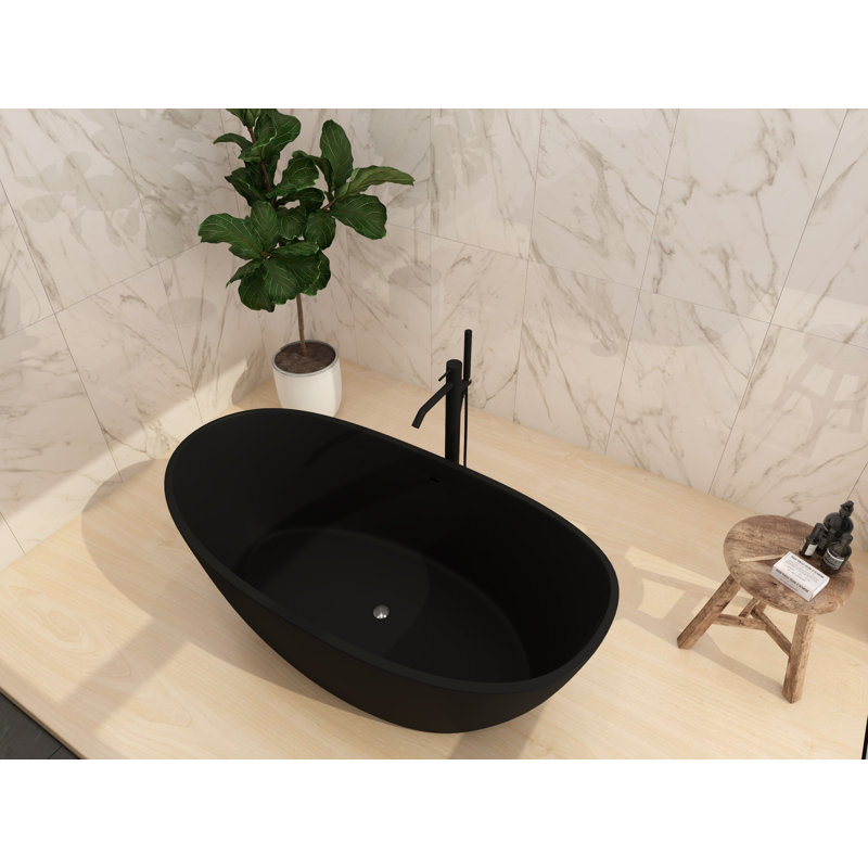 Manhattan 59" x 33" Freestanding Soaking Tub, Solid Surface Stone Resin Oval Bathtub - Black, Black