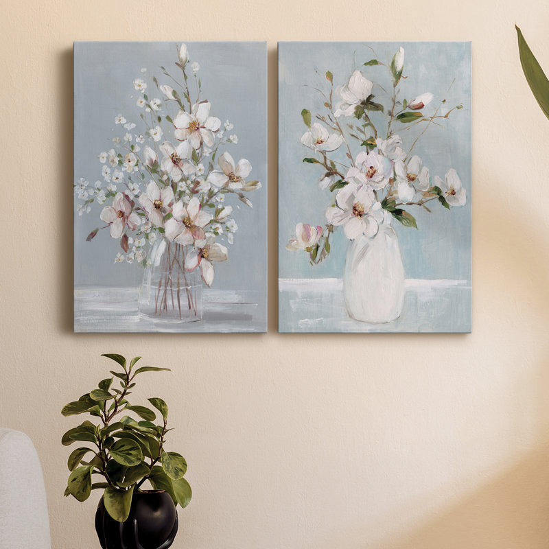 Magnolia Romance - Ensemble de 2 peintures sur toile tendue, H 36 po x l 24 po x P 1 po