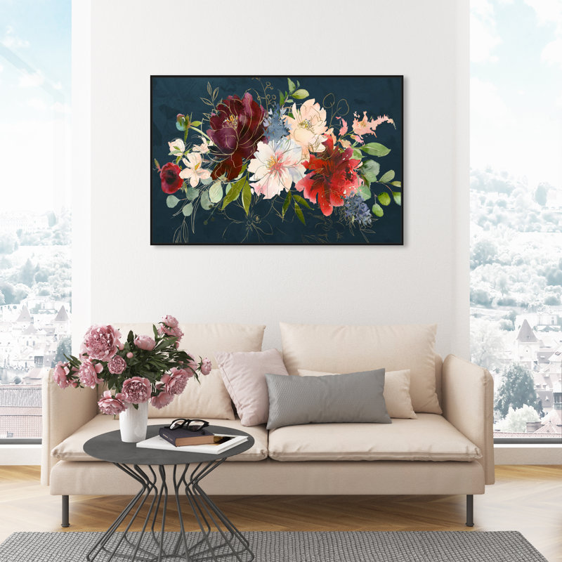 Automne floral bleu marine - Impression sur toile, Cadre noir, H 30 po x l 45 po