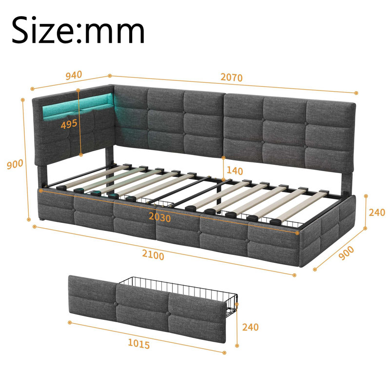 Upholstered Daybed with Drawer Storage, European Single (90 x 200 cm), Grey