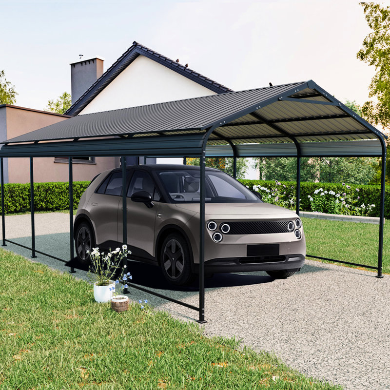Abri d'auto métallique de 3,66 m x 6,40 m (12 pi x 21 pi), en acier galvanisé antirouille, avec un design à rayures verticales pour une meilleure gestion de la neige et de la pluie. Abri d'auto avec toit amovible, utilisable dans le jardin.