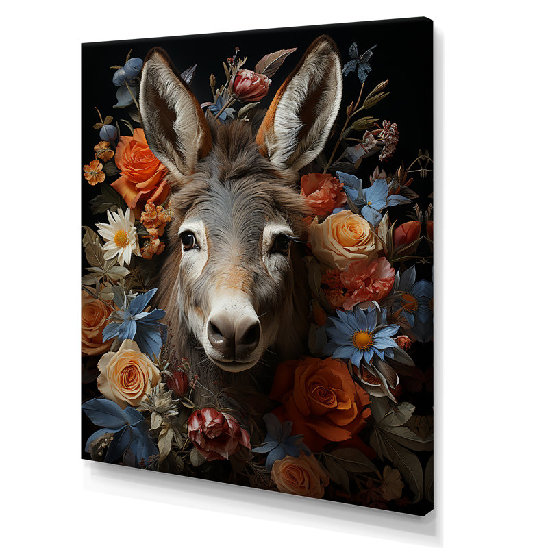 Mignon âne avec fleurs colorées en harmonie - âne, art mural, Toile tendue, H 32 po x l 16 po