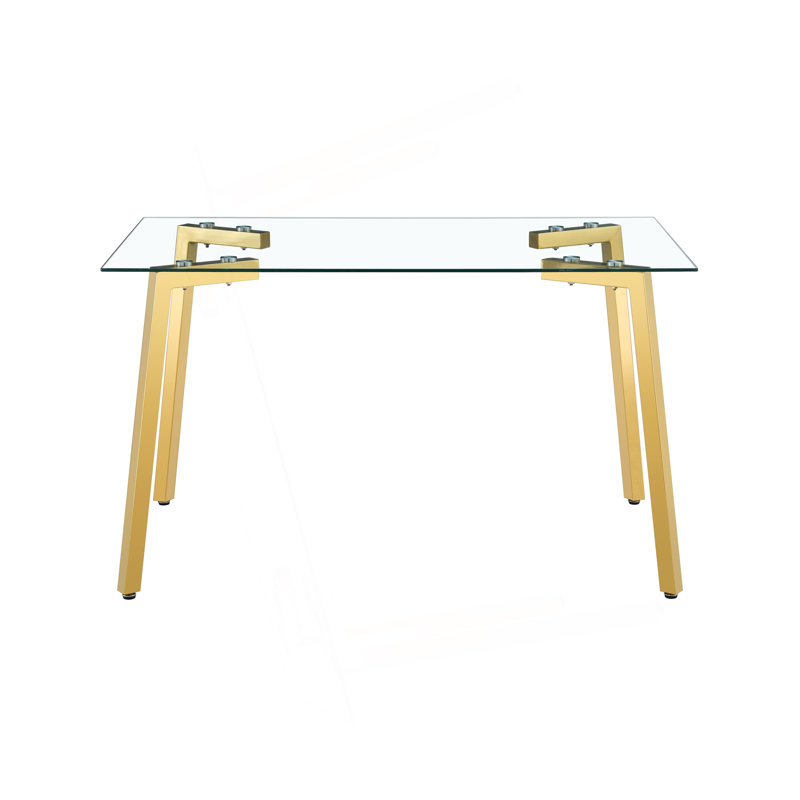Table de salle à manger rectangulaire moderne en verre de 130 x 80 x 75 cm, avec pieds trempés et dorés transparents, convenant parfaitement aux petits espaces. Table de salle à manger de 130 x 80 x 75 cm