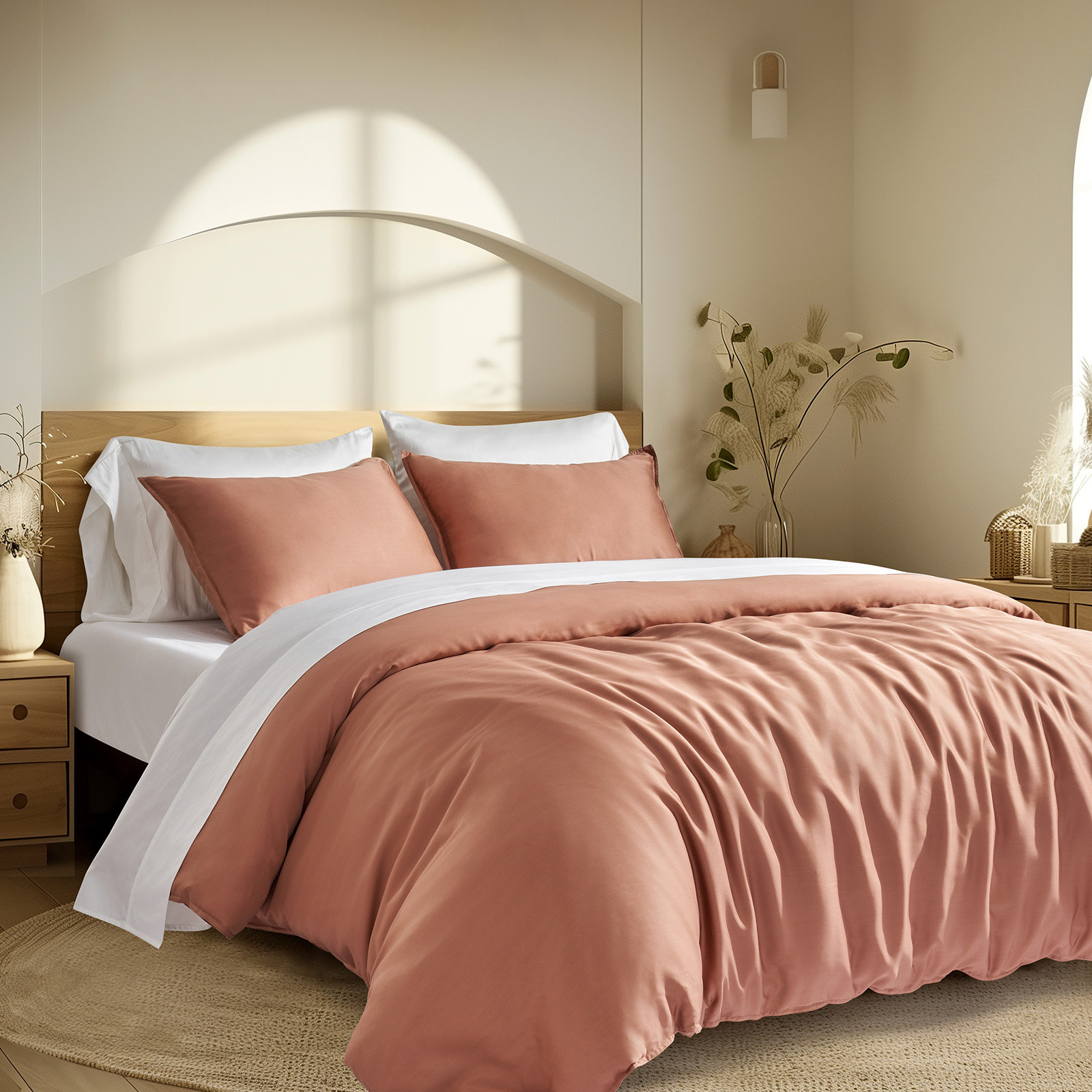 Tencel Lyocell Cooling Duvet Cover Set, Queen Duvet Cover + 2 Queen Shams, Terracotta Clay
