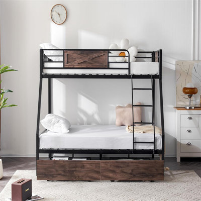 Twin Over Full Size Bunk Bed With 2 Storage Drawers/Flat Rungs/Inclined Ladder, Heavy Duty Metal Slat Support, No Box Spring Needed