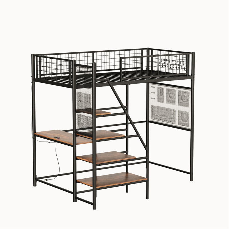 Lit mezzanine simple avec escalier allongé et usure en métal multi-fonctions, Noir