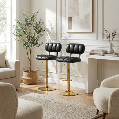 Set of Two Adjustable Height Bar Stools with White Faux Leather Upholstery and Gold Metal Base with Footrest, Luxurious Glam Stools for Kitchen Island, Home Bar, and Living Room Seating