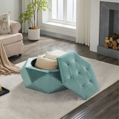 Élégant repose-pieds capitonné avec rangement en velours de diamant Polygon, repose-pieds multifonctionnel et siège pour la maison, rangement confortable et pratique pour le salon et la chambre à coucher (SEULEMENT OTTOMAN)