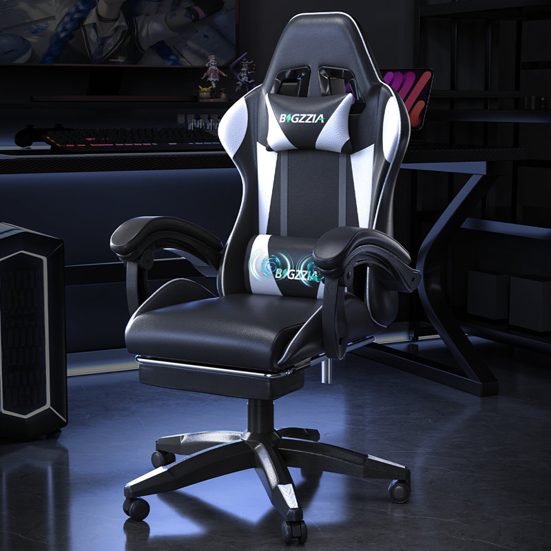 Ergonomic Game Chair with Massage Lumbar Support and Footrest Swivel, Black/White